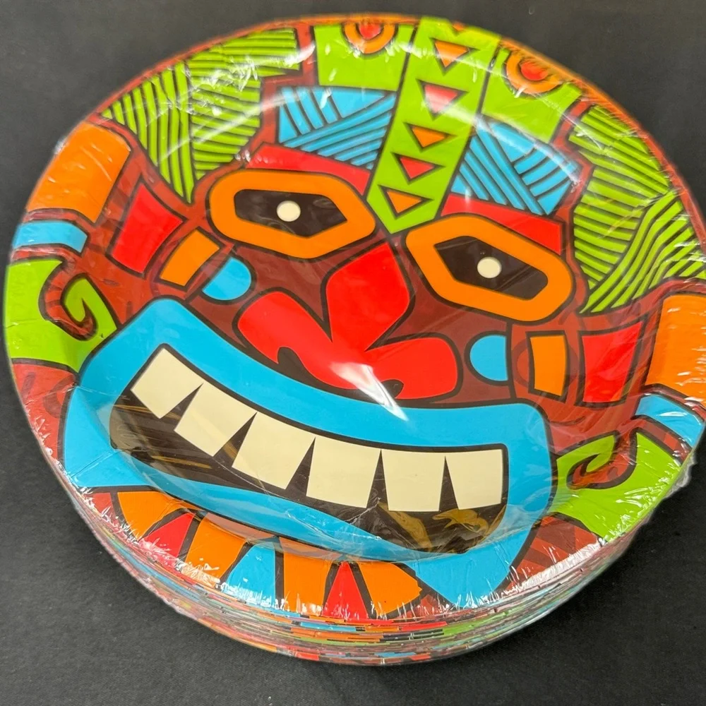 Colorful Tribal Mask Paper Plates all new tiki Hawaii Hawaiian theme party plate